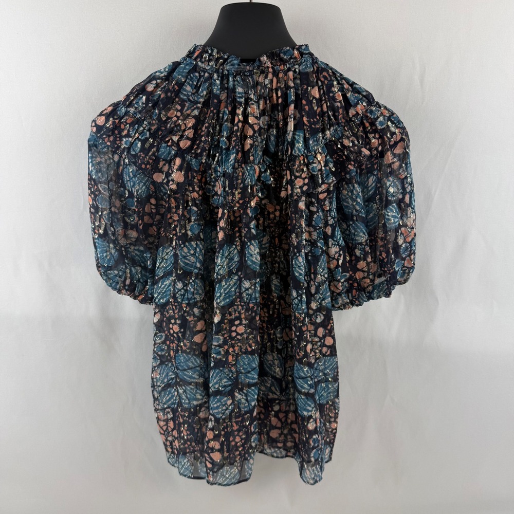 Ulla Johnson Silk Lurex Metallic Ruffle Puff Sleeve Blouse Blue Pink Gold 4 - Picture 8 of 9